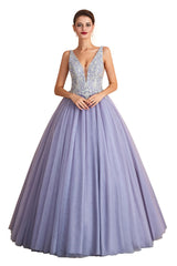 Gorgeous Lavender Lace Prom Dress | V-Neck Ball Gown Tulle Formal Wears