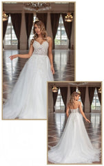 Gorgeous Long A-line V-neck Tulle Sleeveless Bridal Gowns With Lace