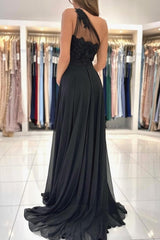 Gorgeous Long Black Formal Wears One Shoulder Lace Prom Dresses With Split Online