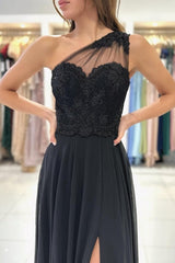 Gorgeous Long Black Formal Wears One Shoulder Lace Prom Dresses With Split Online