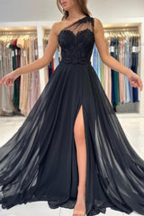 Gorgeous Long Black Formal Wears One Shoulder Lace Prom Dresses With Split Online