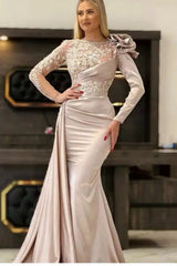 Gorgeous Long Champagne Mermaid Lace Formal Wears With Long Sleeves