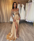 Gorgeous Long Champagne Off-the-shoulder Sequined Split Prom Dresses With Long Sleeves