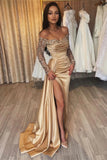 Gorgeous Long Champagne Off-the-shoulder Sequined Split Prom Dresses With Long Sleeves