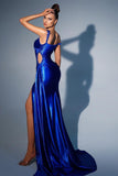 Gorgeous Long Mermaid Royal Blue One Shoulder Sequined Evening Prom Dresses With Slit