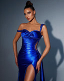 Gorgeous Long Mermaid Royal Blue One Shoulder Sequined Evening Prom Dresses With Slit