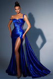 Gorgeous Long Mermaid Royal Blue One Shoulder Sequined Evening Prom Dresses With Slit