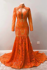 Gorgeous Long Sleeve Orange Mermaid Prom Dress Sequins Lace