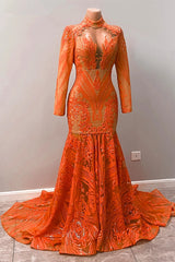 Gorgeous Long Sleeve Orange Mermaid Prom Dress Sequins Lace