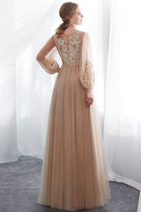 Gorgeous Long Sleeve Tulle Prom Dress | Long Evening Party Gowns With Appliques