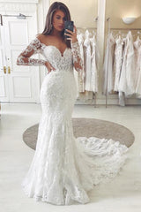 Gorgeous Long Sleeve V-Neck Wedding Dress Mermaid Lace Bridal Gowns