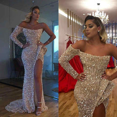 Gorgeous Long Sleeves Sequins Prom Dress Mermaid With Slit