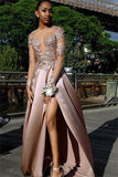 Gorgeous Long-Sleeves Side Slit Prom Dress | Applique Backless Sheer Tulle A-Line Long Prom Gown