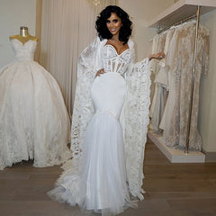 Gorgeous Long Sleeves White Mermaid Evening Dress Lace Long With Cape