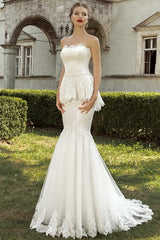 Gorgeous Mermaid Lace Bridal Dress Strapless Tulle Sweep Train Wedding Dress