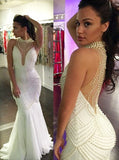 Gorgeous Mermaid Pearls Evening Dresses Illusion Tulle Sexy Prom Dress CE0020