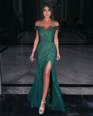 Gorgeous Off The Shoulder Satin Dark Green Prom Dresses | Front-Split Mermaid Evening Dresses