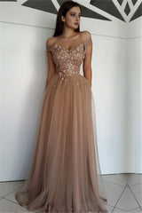 Gorgeous Off-The-Shoulder Sleeveless Tulle Prom Dresses | A-Line Floor-Length Beading Evening Gown