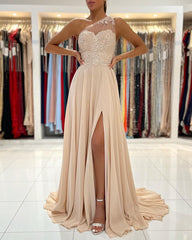 Gorgeous One Shoulder Long Prom Dress Split Chiffon With Appliques