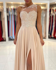 Gorgeous One Shoulder Long Prom Dress Split Chiffon With Appliques