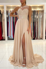 Gorgeous One Shoulder Long Prom Dress Split Chiffon With Appliques