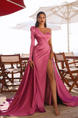 Gorgeous One Shoulder Long Sleeve Prom Dress With Split