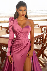 Gorgeous One Shoulder Long Sleeve Prom Dress With Split