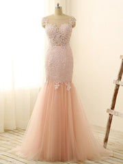 Gorgeous Pink Sexy Mermaid Prom Dresses Tulle Lace Applique Long Party Gowns