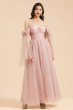 Gorgeous Puffy Sleeves Sparkly Aline Evening Party Dress Chiffon Floor Length Prom Dress