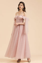 Gorgeous Puffy Sleeves Sparkly Aline Evening Party Dress Chiffon Floor Length Prom Dress