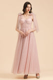 Gorgeous Puffy Sleeves Sparkly Aline Evening Party Dress Chiffon Floor Length Prom Dress