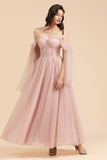 Gorgeous Puffy Sleeves Sparkly Aline Evening Party Dress Chiffon Floor Length Prom Dress