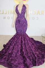 Gorgeous Purple V-neck Sequins Sleeveless Floor-length Mermaid Prom Dresses