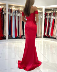 Gorgeous Red Off-the-Shoulder Mermaid Prom Dress Long With Split Ruched