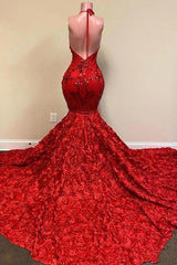 Gorgeous Red V-Neck Sleeveless Mermaid Prom Dress Sequins Bottom Flowers