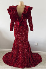 Gorgeous Red V-neck Sequins Sleeveless Floor-length Mermaid Prom Dresses