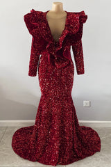 Gorgeous Red V-neck Sequins Sleeveless Floor-length Mermaid Prom Dresses