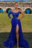 Gorgeous Roayl Blue Long Sleeves Prom Dress Mermaid Sequins Slit