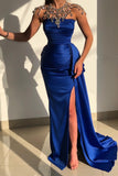 Gorgeous Royal Blue Split Sleeveless Mermaid Prom Dresses with Ruffles