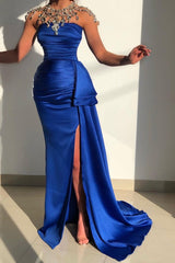 Gorgeous Royal Blue Split Sleeveless Mermaid Prom Dresses with Ruffles