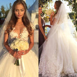 Gorgeous Short Sleeve Tulle Bridal Gowns New Lace Applique Long Princess Dresses
