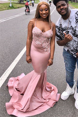 Gorgeous Sleeveless Spaghetti Straps Sweep Train Prom Dresses | Appliques Beading Pink Mermaid Evening Gown BC0979