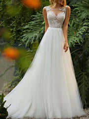 Gorgeous Sleeveless Tulle A-Line Ruffles Wedding Dresses With Lace