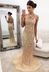 Gorgeous Sleeveless Zipper-Back Halter Mermaid Crystals Prom Dress SP0389