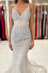 Gorgeous Spaghetti Straps Sleeveless Mermaid Floor-Length Lace Prom Dresses