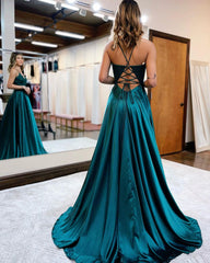Gorgeous Spaghetti-Straps V-Neck Prom Dress Slit Long With Lace Appliques