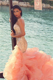 Gorgeous Strapless Puffy Organza Prom Dresses Sparkly Sequins Beads Pink Evening Dress AE0013