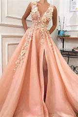 Gorgeous Straps Sleeveless A-Line Prom Dress | Flower Appliques V-Neck Prom Gown