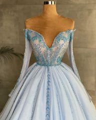 Gorgeous Sweetheart Long Sleeves Princess Party Dress Sky Blue Beadings Floral Lace Appliques