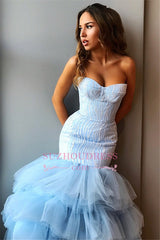 Gorgeous Sweetheart Sleeveless Ruffles Prom Dresses | Mermaid Tulle Floor-Length Evening Dresses